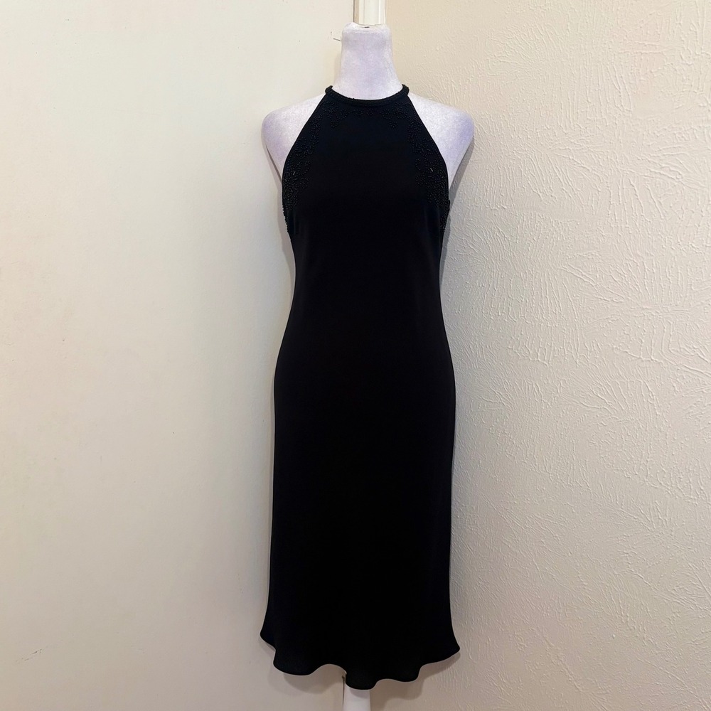 Jones New York Dress Black Beaded Halter Midi Cocktail Dress Size 6